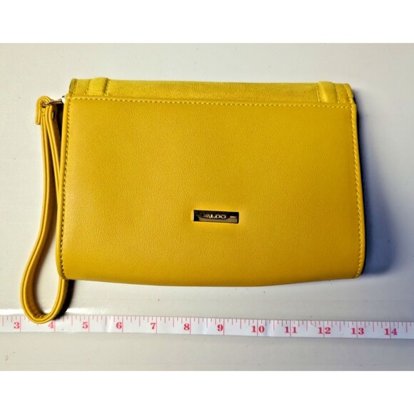 Aldo Clutch Handbag Mustard Yellow with Hand Strap, Magnetic Clip Close - Picture 2 of 16